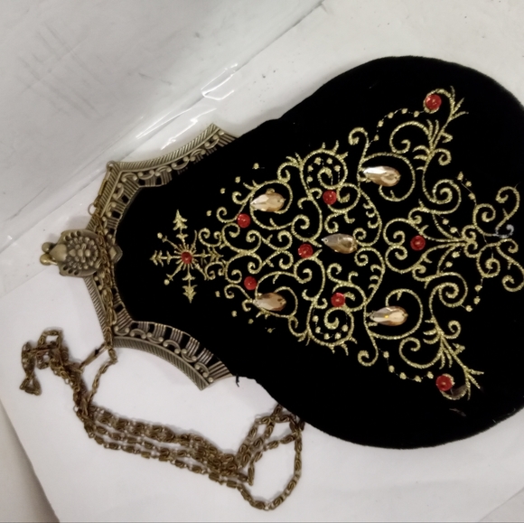 Vintage 1930's Handbag Velvet Evening Christmas Tree Rhinestones Chain Crossbody - Picture 6 of 6